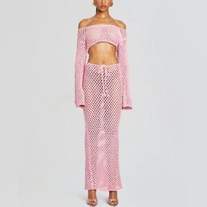 Bananhot Retrofete Magen Crochet Shirt Top and maxi skirt coverup set XS/S Pink.